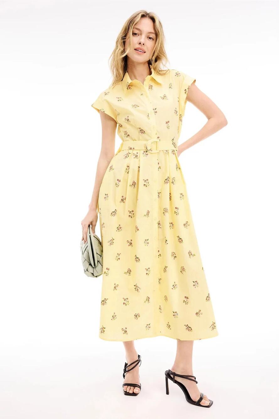 Adam Lippes Poplin Shirt Dress Floral Cap Sleeve Belted Midi A-Line Yellow 14